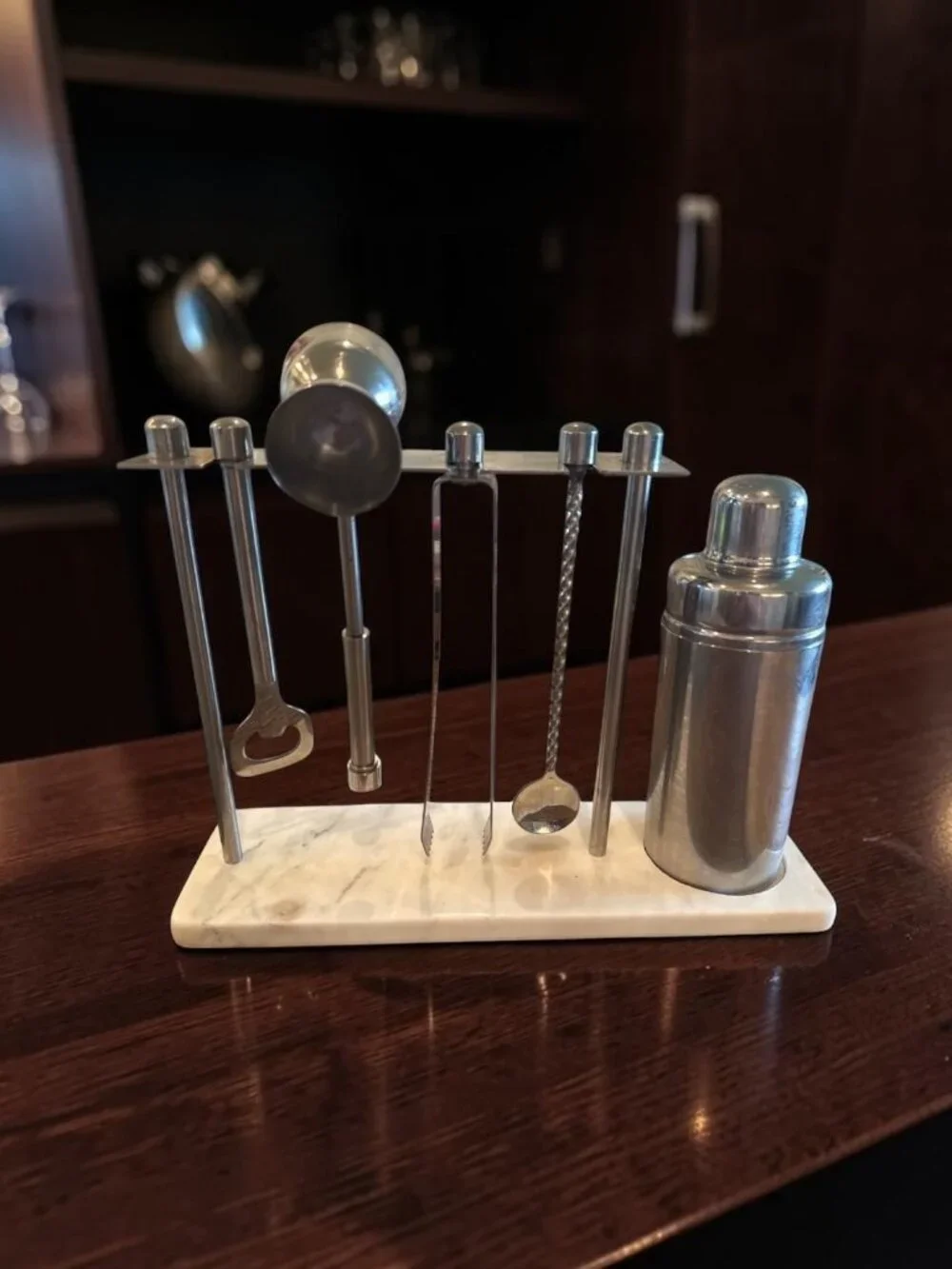 Vintage Stainless Steel Barware Set Marble Base Cocktail Shaker Bar Tools MCM